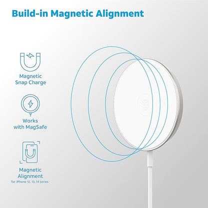 AT&T 15W Qi Wireless Charging Pad with Secure Magnetic Alignment, Qi Certified Fast Charger for iPhone, Android, Pixel, USB-C Input, Case-Friendly, Desk or Nightstand Use - White