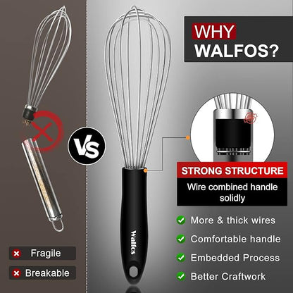 Walfos Whisk,Whisks for cooking set, 304 Stainless steel Whisks,Heat Resistant 600°F.Perfect for Blending Beating Stirring - 11inFlat Whisk and 7+9+11in Balloon Whisk