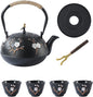 Tea Set Tea Kettle Japanese Style Beautiful Black Cast Iron Teapot Set with 4 Cups,1 Trivet and 1 Lid Holder,40.6oz Teapot with Infuser for Stove Top Safe