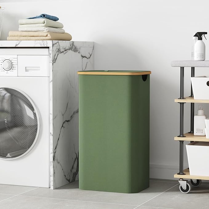 Lifewit 100L Laundry Basket with Lid, Clothes Hampers for Laundry with Bamboo Handles and A Removable Bag, Large Foldable Laundry Hamper for Bedroom, Bathroom, Dorm, Laundry Room, Green