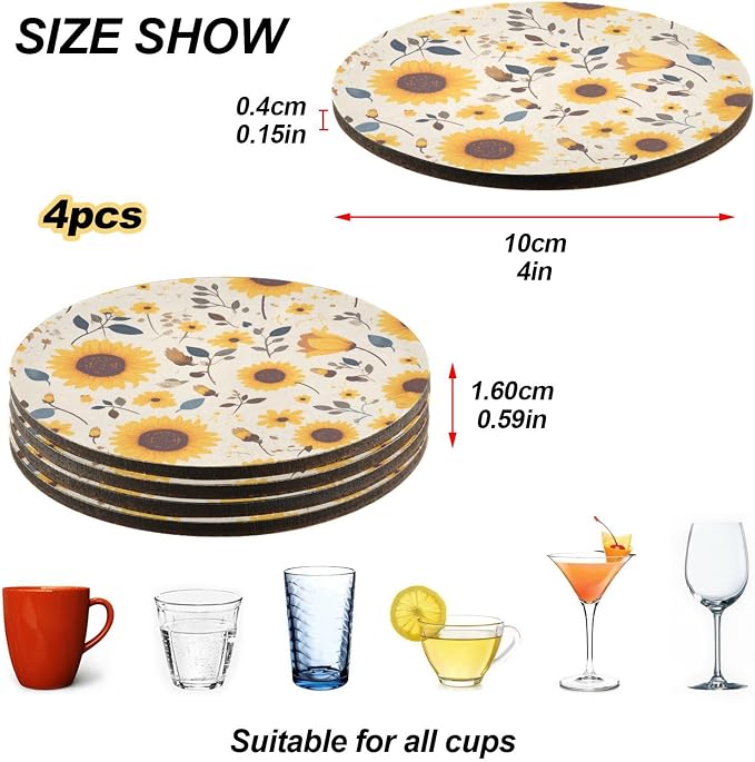 Sunflower Cow Leather Skin Brown Pattern Round Coasters