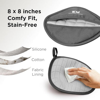 Kitchen Mama Silicone Pot Holders - Heat Resistant, Non-Slip Surface, Dual Pocket Design with Soft Cotton Lining, Safe, Durable, Stylish, Practical for Everyday Use Hot Oven, Bowl, Pan (Metal Gray)