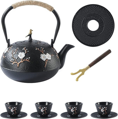 Tea Set Tea Kettle Japanese Style Beautiful Black Cast Iron Teapot Set with 4 Cups,4 Cup Mats,1 Trivet and 1 Lid Holder,40.6oz Teapot with Infuser for Stove Top Safe