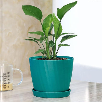 7 Inch Plant Pots Bulk, 6 Pack Plastic Planters with Drainage Holes and Saucers for Indoor Outdoor House Plants and Flowers, Green