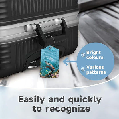 Set of 2 Luggage Tags for Suitcases, Leather Turtle Fish and Coral Baggage Tags with Stainless Steel Loop, Privacy Name ID Card Cover Kawaii Travel Labels for Women Men Kids Girls
