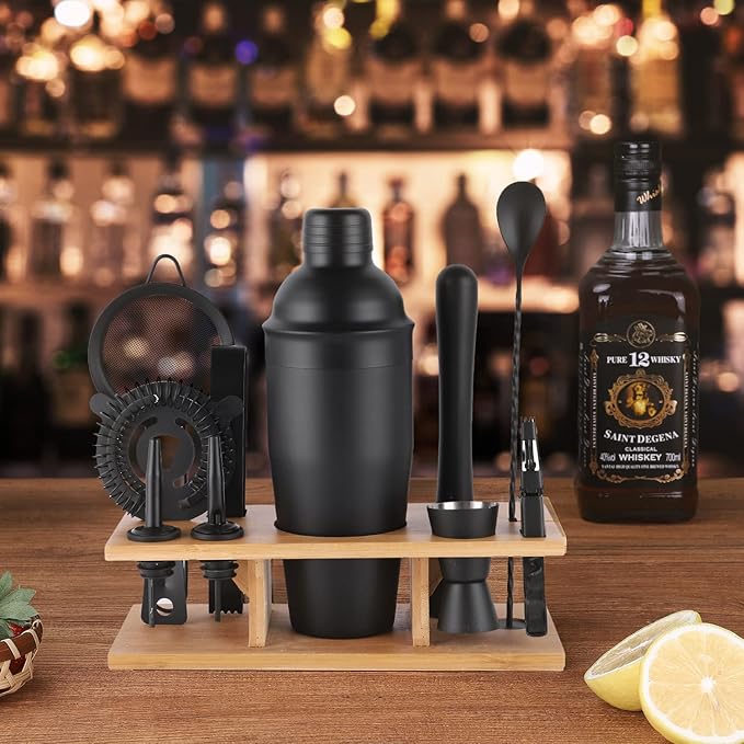 11Pcs-Cocktail Shaker Set Black Bartending Kit 25oz Cocktail Bar Set Cocktail Mix Drink Making Kit Professional Bar and Home Drink Bar Tools for Bartender(Matte Black)