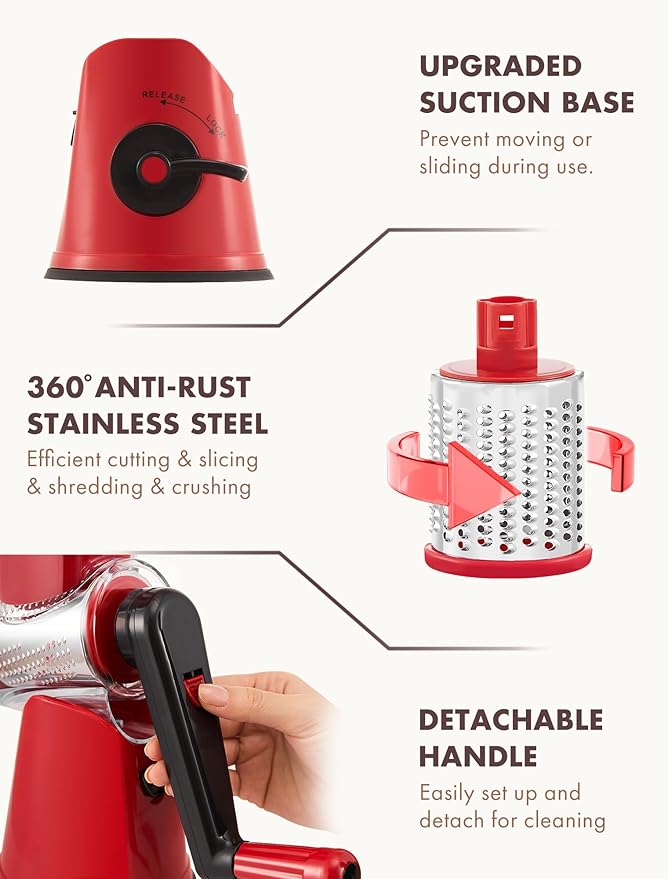 GDL Rotary Cheese Grater, Upgraded 5-in-1 Cheese Grater Hand Crank, Multi-purpose Cheese Shredder with Handle, Vegetable Slicer Cutter Ice Shaver for Potato, Carrot, Nuts, Chocolate