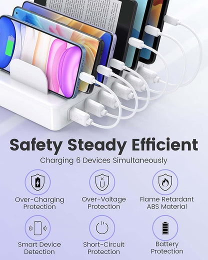Charging Station for Multiple Devices Apple, CREATIVE DESIGN 50W Multi Charger Station with 6 USB Ports & 6 Cables, Charging Dock for Apple Android Phone iPad Kindle Tablet and Other Electronic
