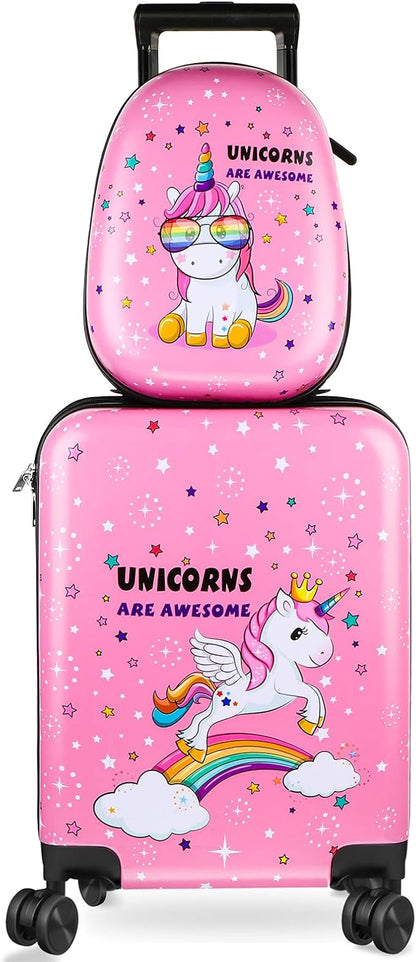 Weewooday Kids Luggage and Backpack 18 Suitcase with Spinner Wheel Hard Case Travel 13 Backpack Girl Suitcase Set for Kids Travel Supplies(Pink,Unicorn Style)