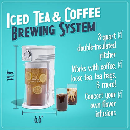 Nostalgia 3-Quart Iced Tea & Coffee Brewing System With Double-Insulated Pitcher, Strength Selector & Infuser Chamber, Also Perfect For Lattes, Lemonade, Flavored Water, White