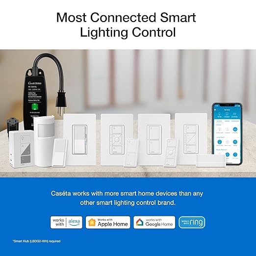 Lutron Caseta Original Smart Dimmer Switch Kit w/ Hub, with Pico Remote, Wallmount Bracket, & Smart Hub, Works with Alexa, Apple Home, Google Home, 3 Way, 150W, No Neutral Req, P-BDG-PKG1W-A
