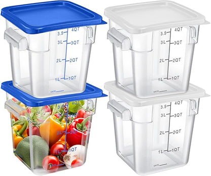 Maxcheck 4 Pcs 4qt Food Storage Container with Lids Bulk Clear Commercial Food Storage Bins with Scale Handle Space Saving Restaurant Tubs for Kitchen Prep Proof Dough Marinating Meat(White, Blue)