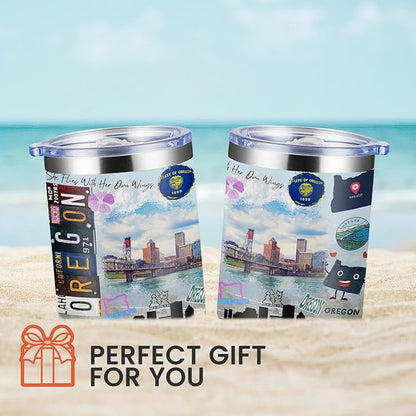12oz Coffee Mug Oregon State Insulated Coffee Cups, United States Map Travel Mug Landmark, Birthday Gifts Cute Mugs with Lid and Straw Gifts for Mom