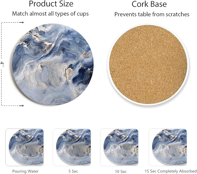 Set of 6 Abstract Navy Blue Marble Coasters with Holder, Absorbent Ceramic Drink Coasters for Table Protection, Housewarming Gifts for New Home