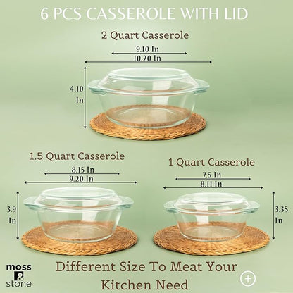 Moss & Stone 6-Piece Clear Glass Casserole Dishes for Oven With Lids, Durable Tempered Borosilicate Glass Bakeware Set, Microwave Safe, 3 Round Sizes for Cooking, Serving & Storage