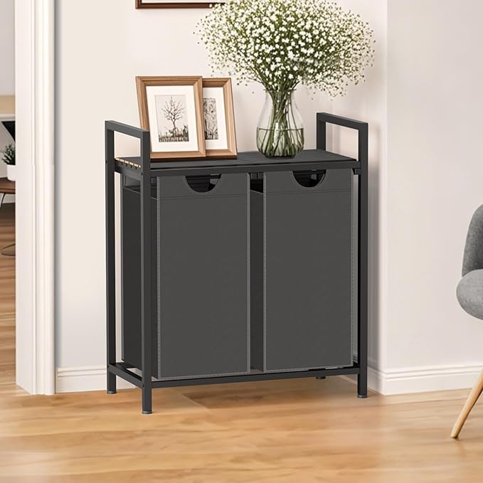 Laundry Hamper, Laundry Sorter with 2 Pull-Out Removable Oxford Fabric Bags Cloth Laundry Basket 2 x 10 Gallons (Grey and Charcoal Black)