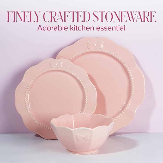 Paris Hilton 12-Piece Dinnerware Set, Embossed Bow Design, Iconic Ceramic