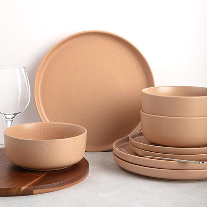 Zulay Kitchen Terra Stoneware 32-Piece Dinnerware Set, Artisanal Ceramic Plates and Bowls Set Crafted at 2300℉ - Service for 8, Terracotta Clay