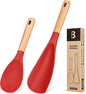 Cooking Spoon and Rice Scooper for Nonstick Cookwares, Great for Cooking and Serving Sturdy BPA-Free Matte Silicone, Wood Handle Spoon for Mixing, Scoop, and Scrape (RED)