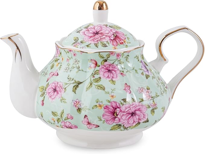 Flower Ceramic Teapot,22oz Porcelain Tea pot for Tea Coffee Milk for Office Home Men Women as Gift (Green)