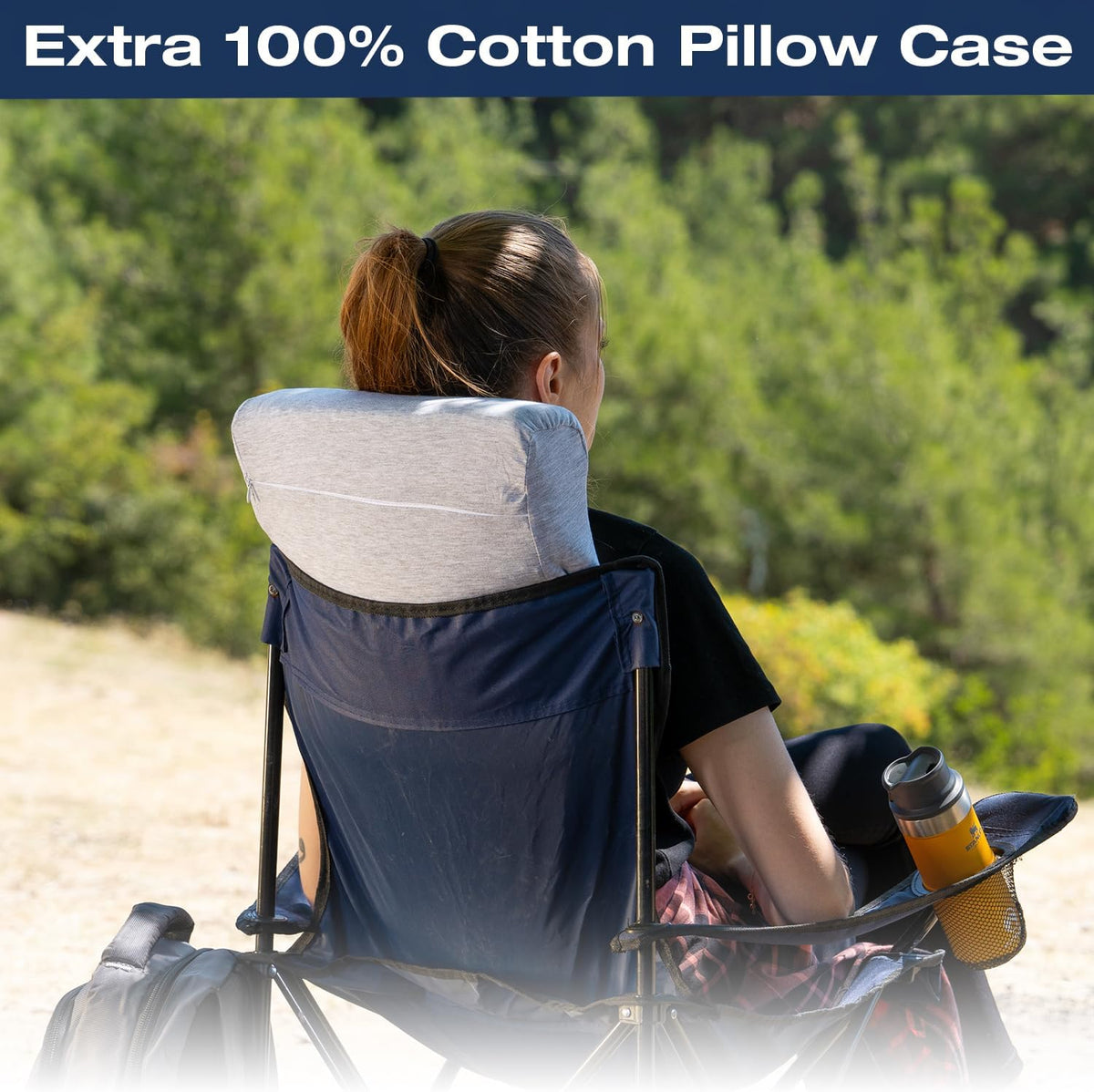 Travel & Camping Comfortable Memory Foam Pillow – Easy to Carry Portable Bag – Temperature Regulating Pillow Case (White Contour + Extra Cover)