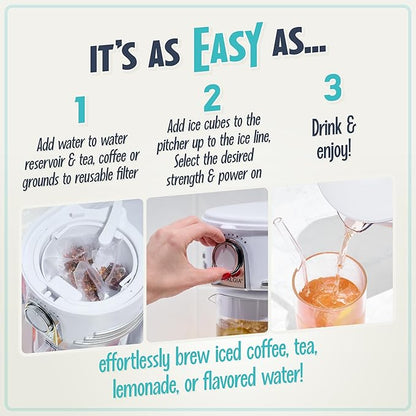 Nostalgia 3-Quart Iced Tea & Coffee Brewing System With Double-Insulated Pitcher, Strength Selector & Infuser Chamber, Also Perfect For Lattes, Lemonade, Flavored Water, White