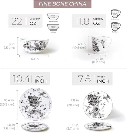 Botanic Plates and Bowls Sets Dishes Set for 4, Ceramic Plates and Bowls Set, Service for 4, Bone China Dinnerware Set Salad Dessert Plates, and Cereal Bowls Set, Microwave safe by KOKEN