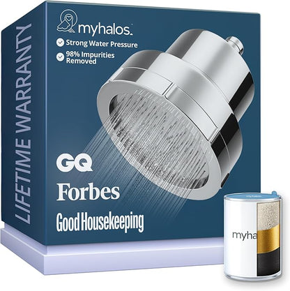 MyHalos® Filtered Shower Head for Hard Water Filter - High Pressure, Removes Chlorine - Shower Head Filter for Hard Water Softener Showerhead, Easy Install, For Hair & Skin, Filtering (Chrome)