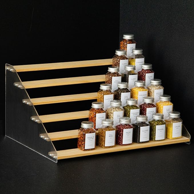 nianfeng Tiered Spice Rack, 6-Tier Spice Pantry Kitchen Cabinet Organizer, 19.9-Inch, Natural Wood Acrylic Stair Riser Stand, Countertop Seasoning Shelf