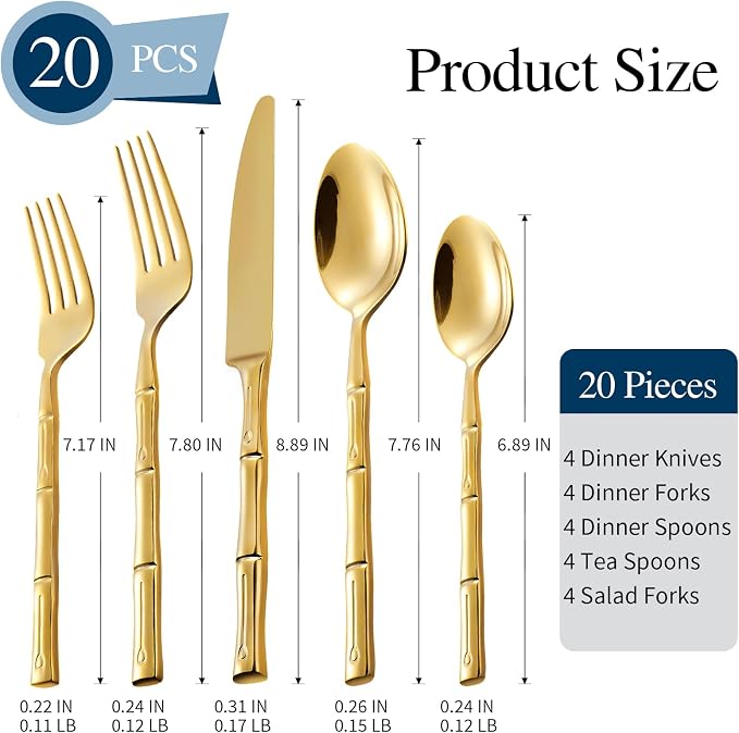 Gold Silverware Set 20-Piece Bamboo Pattern Service
