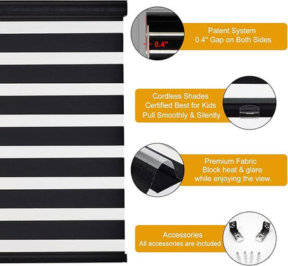 Persilux Cordless Zebra Blinds for Windows (35" W X 72" H, Black) Free-Stop Dual Layer Roller Windows Shades for Day and Night, Light Filtering Sheer Shades for Home, Easy to Install