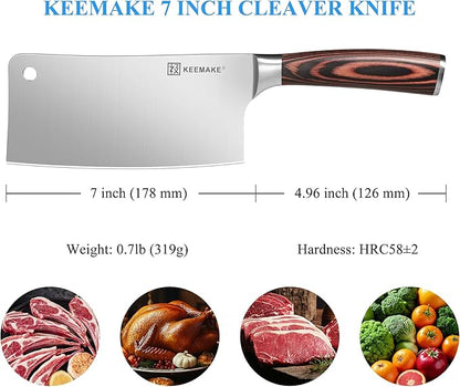 KEEMAKE Cleaver Knife 7 inch, Meat Knife Heavy Duty with German High Carbon Stainless Steel 1.4116 Chopper Knife, Vegetable knife with Ergonomic Pakkawood Handle Chinese Chef Knife