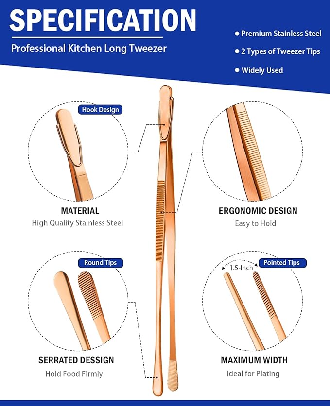 JETKONG 4 Pcs Kitchen Tweezers, 12'' and 10'' Stainless Steel Cooking Tweezers Set, High-Precision Tweezers Tongs for Cooking, Repairing, Seafood and BBQ (Rose Gold)