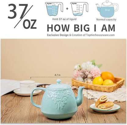 Toptier Ceramic Teapot, Large Tea Pot with Stainless Steel Infuser, Blooming & Loose Leaf Teapot for Tea Lover, Gift, Family (37 oz / 1100 ml, Blue)