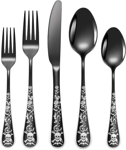 Skull Black Silverware Set for 8, 40-Piece Pirate Rose Flatware Set, Gothic