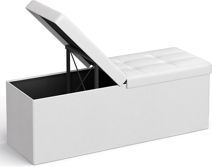 SONGMICS MAZIE Collection - 43 Inches Storage Ottoman Bench with Flipping Lid, Storage Chest with Iron Frame Support, Load 660 lb, for Living Room, Bedroom, Synthetic Leather, White ULSF75WT
