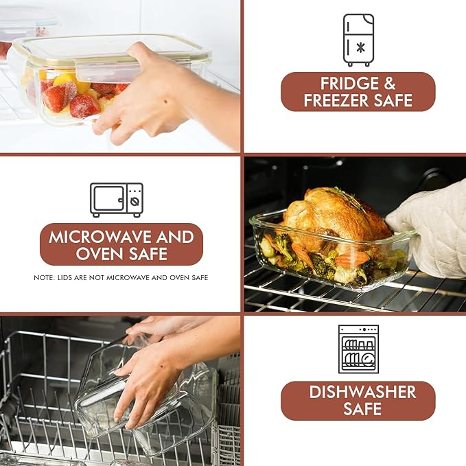 Razab 35 Pc Set Glass Food Storage Containers with Lids - Meal Prep Airtight Bento Boxes BPA-Free 100% Leak Proof (15 lids,15 glass & 5 Plastic Sauce/Dip Containers)