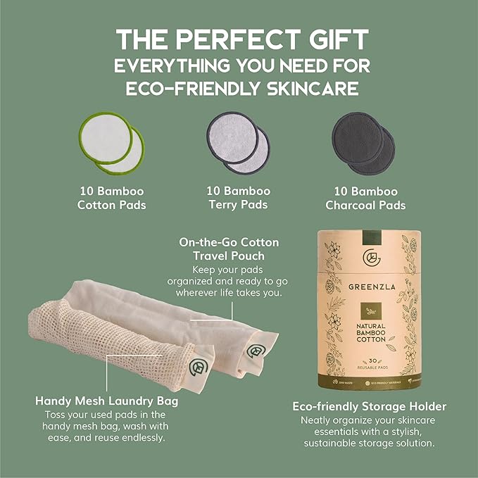 Greenzla Reusable Makeup Remover Pads, Washable Bamboo Cotton Rounds with Mesh Laundry Bag, Travel Pouch, Pad Holder - Reusable Cotton Rounds for All Skin Types - Perfect for Face Care, 30 Pack