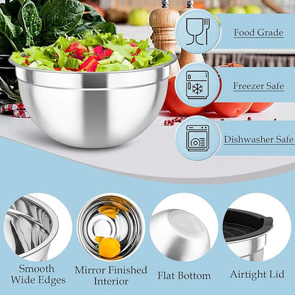 TeamFar Mixing Bowls, Stainless Steel Nesting Salad Bowls with Lids Set of 3 & 3 Grater Attachments, For Mixing/Serving/Storing, Non-toxic & Long-lasting, Size 4.6/3 / 1.5 QT, Black