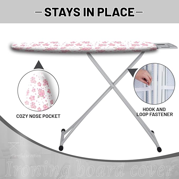 Extra Thick Ironing Board Cover and Pad, Cherry Blossoms 15x54 Ironing Board Cover, Resist Scorching and Staining,Elastic Edges,Pink Floral Leaves Spring Flower White