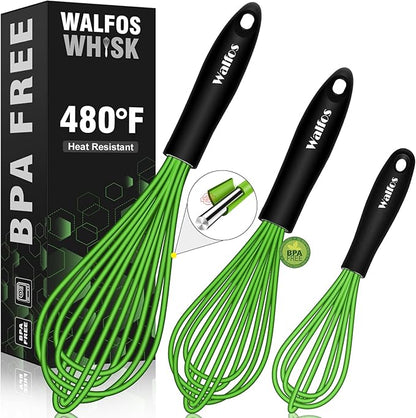 Walfos Silicone Whisk, Rubber Whisks for Cooking, Baking (11,9,8.5 inch) - Heat Resistant Kitchen Whisks for Non-stick Cookware, Balloon Egg Beater Perfect for Blending, Whisking, Beating, Frothing