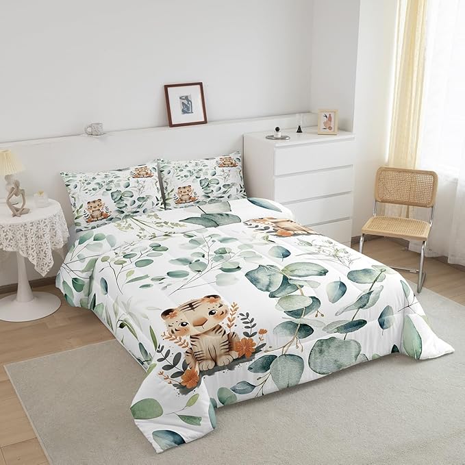 Erosebridal Kids Cute Animal Queen Size Comforter Set for Girls Boys Cartoon Tiger Bedding Set, Spring Eucalyptus Down Comforter Watercolor Leaves Bed Set, Kawaii Jungle Animal Quilted Duvet