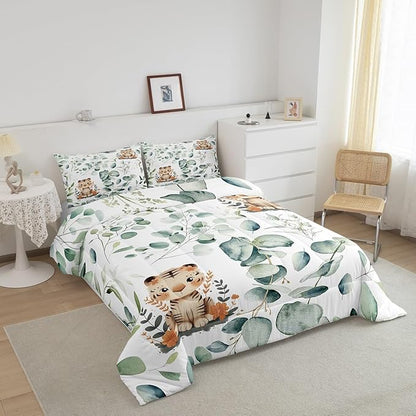 Erosebridal Kids Cute Animal Queen Size Comforter Set for Girls Boys Cartoon Tiger Bedding Set, Spring Eucalyptus Down Comforter Watercolor Leaves Bed Set, Kawaii Jungle Animal Quilted Duvet