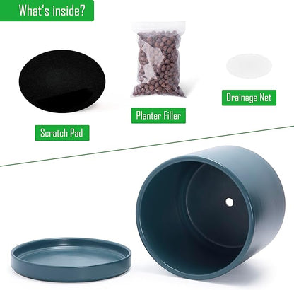 D'vine Dev 12 Inch Ceramic Planter Pot with Drainage Hole and Saucer, Indoor Cylinder Round Planter Pot, Teal, 94-O-F-9