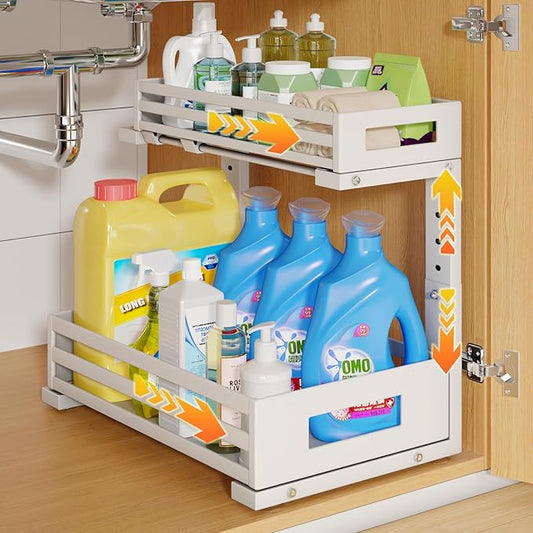 1-Pack Under Sink Organizers and Storage,2-Tier L Shape Pull Out Cabinet Organizer With Round Tube Slide Rails,Hight Adjustable Slide Out Drawers for Kitchen&Bathroom,Multi-Purpose Storage Shelf-White