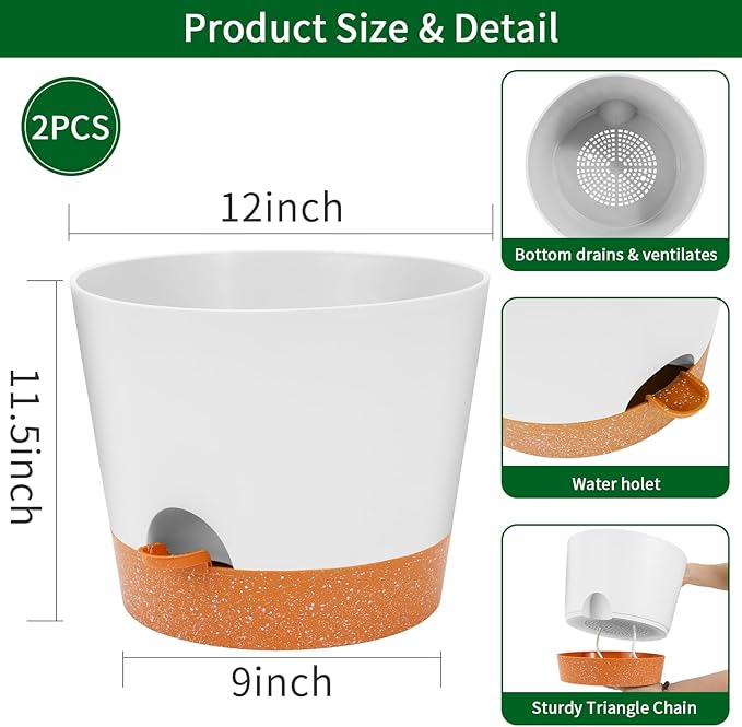 GARDIFE 12 inch Plant Pots, planters,Self Watering Pots, 2 Pack Large Plastic Flower pots with Deep Reservior and High Drainage Holes for Indoor Outdoor Plants and Flowers, White