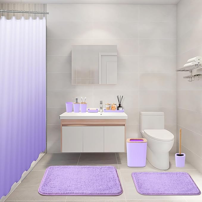 24PCS Bathroom Sets with Shower Curtain and Rugs, Purple Bathroom Accessories Set with Trash Can, Soap Dispenser, Toothbrush Holder and Cup, Purple Bathroom Set for Home Decor