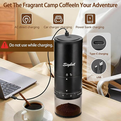 Portable Electric Coffee Grinder - 38 Grind Settings, Conical Burr & Black Stainless Steel Body, Rechargeable Mill for Espresso, Moka Pot, Turkish, Ideal for Camping and Travel