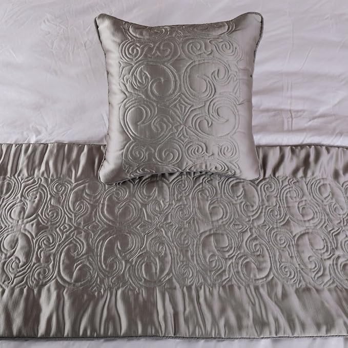 The HomeCentric Handmade Silver CA King 86 x 18 inch Bed Runner Without Pillow Cover, Satin Quilted Bed Scarf, Abstract Modern - Silver Soft