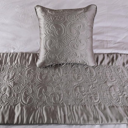 The HomeCentric Handmade Silver King 90 x 18 inch Bed Runner with 2 Matching Pillow Cover, Satin Quilted Bed Scarf, Abstract Modern - Silver Soft